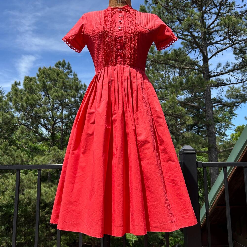 Vintage 50s Kerrybrook Coral Pintuck Pleated Full Skirt Midi Dress XS